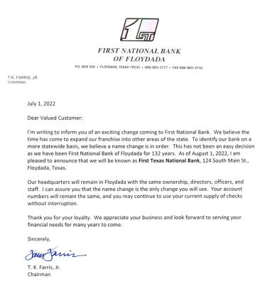 After name change, Floydada’s First Texas  National Bank still helping customers “change things for the better”