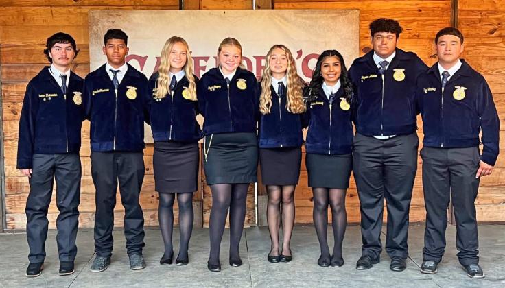 Floydada FFA Chapter officers are Payton Shuping, president; Madison Pyle, vice president; Rilynn Hinsley, secretary; David Sanchez, treasurer; Nalia Ordonez, reporter; Jayvien Aleman, sentinel; Kannon Rainwater, student advisor; and Armando Chavarria, III, parliamentarian. | FLOYDADA CISD PHOTO