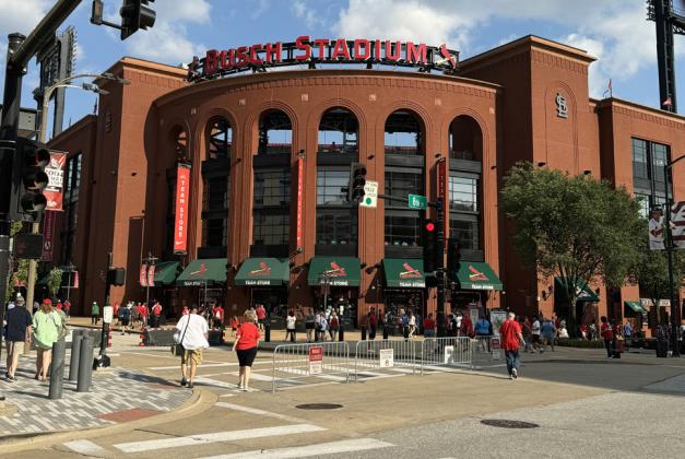 CARDINAL NUMBERS flock to Busch Stadium for a Wednesday night baseball game (the hometown Cards lost to the Kansas City Royals, 6–4).