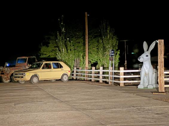RABBITS OF DIFFERENT SORTS have multiplied at the Jackrabbit Route 66 gift shop in Sot. Joseph, Arizona. A scary-looking giant rabbit—saddled up for photo ops—was replaced some years ago with a happier one, and was joined by a VW Rabbit on the site.