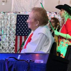 100 YEARS AND COUNTING Among the stellar lineup of band members on the Unity Center stage Saturday night was centenarian Lucy Dean Record at the keyboard. Record, recently hospitalized, made it a point to be healed sufficiently to play her signature “Sweet Georgia Brown” and other tunes. | HESPERIANBEACON PHOTO
