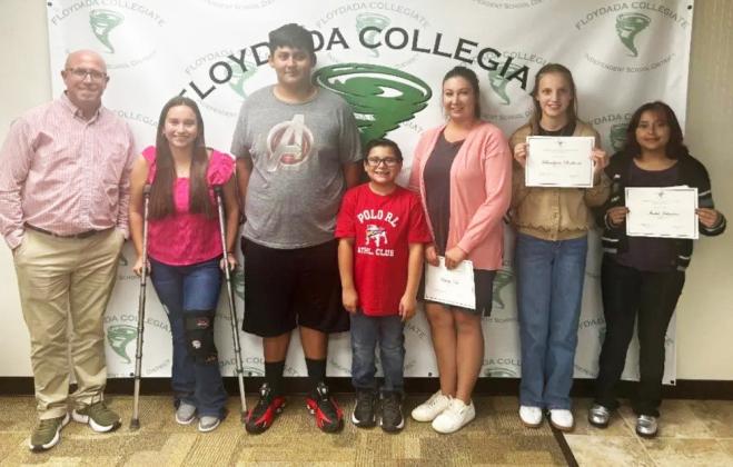 HONORED BY SCHOOL BOARD from Duncan Collegiate Elementary were fifth graders Sophia Picaso and Rogelio Medrano. The Duncan Elementary Support Staff of the Month as Bailey Nutt. Floydada Collegiate Junior High Students of the Month recognized were Sebastian Salazar and Braelynn Sinkhorn, and Floydada Collegiate High School students recognized were Katie Landon and Isabel Johnston. Secondary Educator of the Month was Matthew Strickland. | FLOYDADA CISD PHOTO