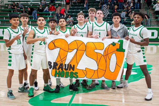 MILESTONE GOAL Congratulations go to Whirlwind senior Braun Hobbs (third from right) as he surpassed 2,250 career points in the game against the New Home Leopards last Friday night, Jan. 2. MORE PHOTOS, PAGE 8 | FLOYDADA CISD PHOTO