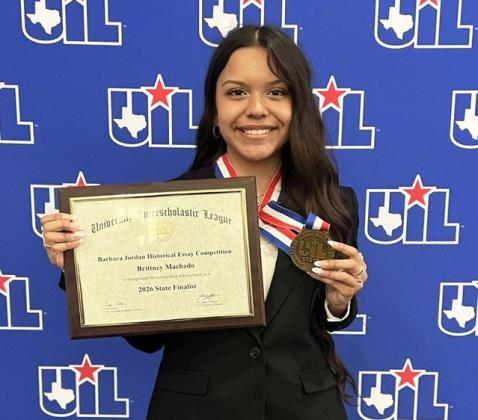 STATE UIL ACADEMIC MEDALIST Congratulations go to Brittney Machado of Floydada High School, who competed at the State UIL academic meet Monday and finished in 3rd place. Brittney presented her work:“From Ink to Influence: How Jovita Idár Shaped Texas History”at the University of Texas, where it will be published in the Dolph Briscoe Center for American History and in the official Texas historical archives. | COURTESY PHOTO