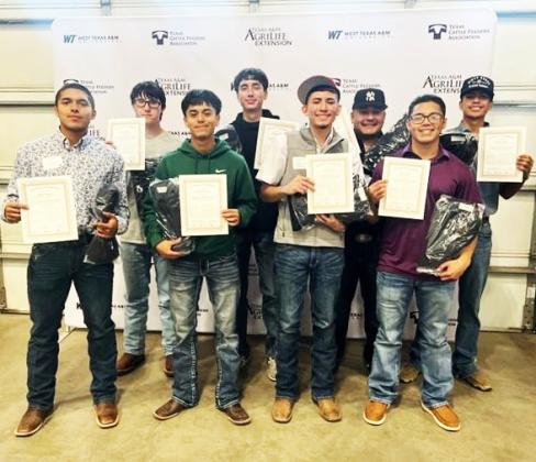 WELDING ACHIEVERS Congratulations to Floydada Collegiate High School FFA students Sergio Valadez, Jonathan Pena, Josemaria Lara, Leonardo Mendoza, Dustin Zavala, Robert Luna, Diego Martinez, and Braxton Stark for earning their certification in Machinery Operations, Maintenance and Repair through theTexas Cattle Feeders Association (TCFA) Feedyard Technicians program. | FLOYDADA CISD PHOTO