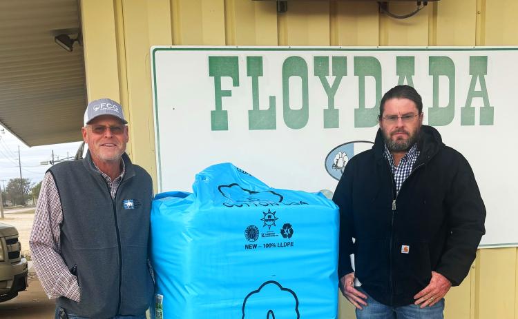 FIRST BALE OF COTTON ginned in Floydada and Floyd County from the 2025 harvest was from producers Steve Lloyd and Shane Lloyd. Floydada Coop Gin ginned it Tuesday, Oct. 7, 2025. Above left: Aaron Hendricks, Floydada Coop Gin Manager; right, producer Shane Lloyd. Not pictured is Steve Lloyd. | HESPERIAN-BEACON