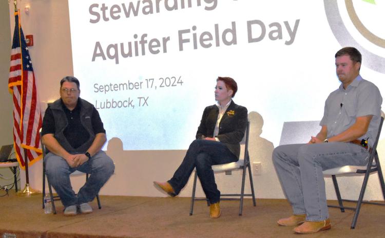 PANEL TALKS WATER IDEAS Dr. Chris Grotegut of Hereford (left), Lacy Vardeman of Slaton, and Lincoln Devault of Farwell were featured panelists at the Stewarding Our Aquifer Field Day September 17 in Lubbock, sponsored by Ogallala Commons. Grotegut brought up the concept of a Water Conservation Reserve Program which was supported by his fellow panelists. Concepts to halt the heavy drawdown of the small remnant of the Ogallala aquifer are garnering new attention. | JIM STEIERT PHOTO