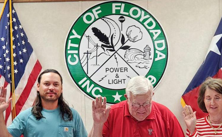 SWEARING IN The City of Floydada’s reelected council members and mayor were administered the oath of office at the May 20, 2025, board meeting. From left are Tate Greer, Mayor Bobby Gilliland and Dana Crossland. | COURTESY PHOTO