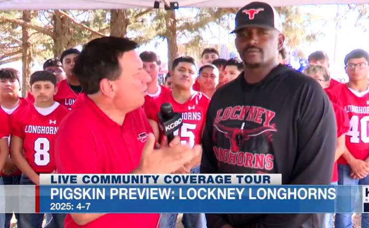 At the July 22 KCBD-TV Community Coverage event in Lockney, sports director Pete Christy (left) also spoke with new Lockney Longhorns head football coach Michael Lewis about his hopes for the fall season. | COURTESY PHOTO