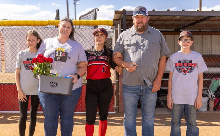 At their home field, Lockney Lady Horns seniors Madison Marmolejo and Emma Nelson were recognized by their school and hometown fans for senior night last week. | CERVANTES PHOTOGRAPHY