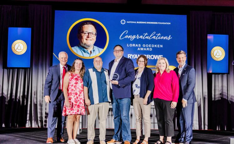 FLOYDADA LEADER HONORED Ryan Crowe last week received the Loras Goedken Outstanding Leadership Award, presented annually to a person who “demonstrates exceptional leadership and engagement”in awareness and advocacy related to bleeding disorders such as hemophilia. | PHOTOS COURTESY OF THE NATIONAL BLEEDING DISORDERS FOUNDATION
