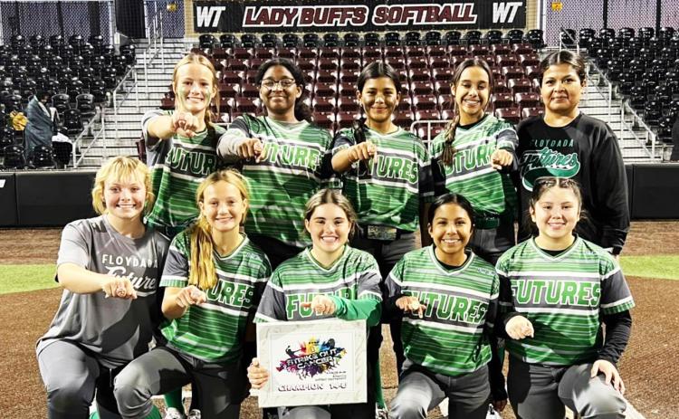BRINGING HOME THE GOLD Floydada Futures went 6-0 in the “Strike Out Cancer Softball Tournament held at the Rick Klein Sports Complex in Amarillo Oct. 14-15. Shown are (back row, from left) Brooklyn Pyle, Zaylee Hawkins, Bella Perez, Jenna Martinez, Coach Erica Perez; (front row, from left) Sydney Hardcastle, Madison Pyle, Bailey McHam, Abigail Reyes, and Karah Cavazos. Not pictured is Rilynn Hinsley. | COURTESY PHOTO