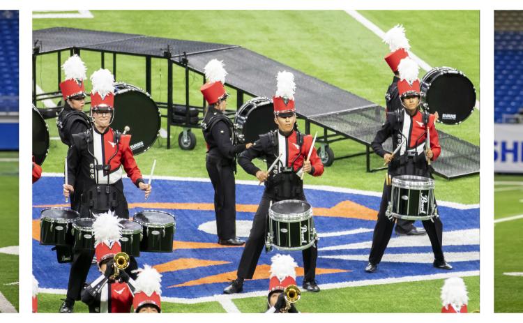 DREAMS COME TRUE At right, co-Drum Major Aryssa Garcia’s face betrayed her surprise as Lockney High School’s marching band was announced as 7th place finishers at last week’s UIL State competition. Her counterpart, Bryson Klein (left) was drum major on the field alongside Garcia. Center image: Drummers Bryson Klein on quads, Nick Cervantes on snare and Jolene Guerrero on snare. | CERVANTES PHOTOGRAPHY