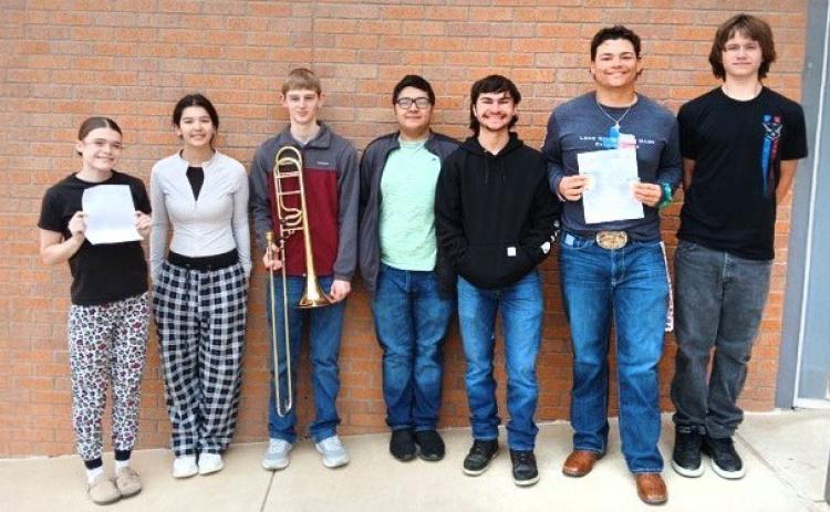 STATE BOUND Floydada CISD Band advanced seven students to state in solo and ensemble. Students who qualified for the Texas State solo ensemble contest are Cheyenne Sawyer; marimba solo; Josh Stewart, trombone solo and low brass trio; Angel Olvera, low brass trio; Kanon Rainwater, low brass trio; Peyton Noland, trombone trio; Vincent Cooper, trombone trio; Kaydin Logsdon-trombone trio. | COURTESY PHOTO