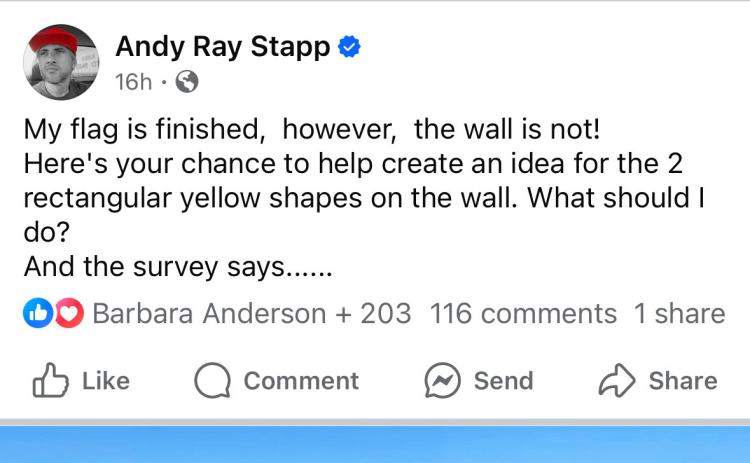 LOCKNEY MURAL Celebrated artist Andy Stapp of Lockney began work on a new mural on a Main Street building this spring. By mid-June Stapp posted his progress on Facebook, requesting ideas for a design to fill the two light-colored brick bands on the building. Suggestions ranged from patriotic slogans to artistic designs representing Lockney’s history. As of this week, the post had generated more than 150 comments. | COURTESY PHOTO