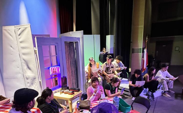 ONE ACT PLAY Floydada High students rehearse “Whistle Stop,” which they will present as their 2026 entry for UIL district competition in Post March 7. | COURTESY PHOTO