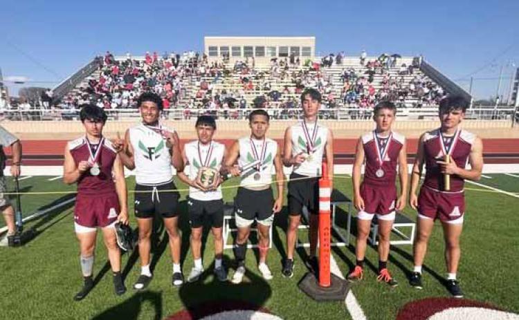 REGIONAL QUALIFER Floydada’s Boys 4x200 relay team, Jonathan Pena, Sergio Ferrer-Valdez, Eric Gonzalez and John Paul Lopez, placed first at the Area track meet last week. | FLOYDADA CISD PHOTO