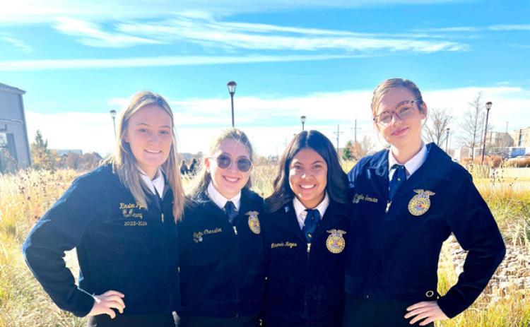 The Floydada FFA AG Advocacy team moves on to state competition. Members are, from left, Kirsten Pyle, Sydni Chesshir, Miranda Reyes and Mia Snowden. | FCISD PHOTO