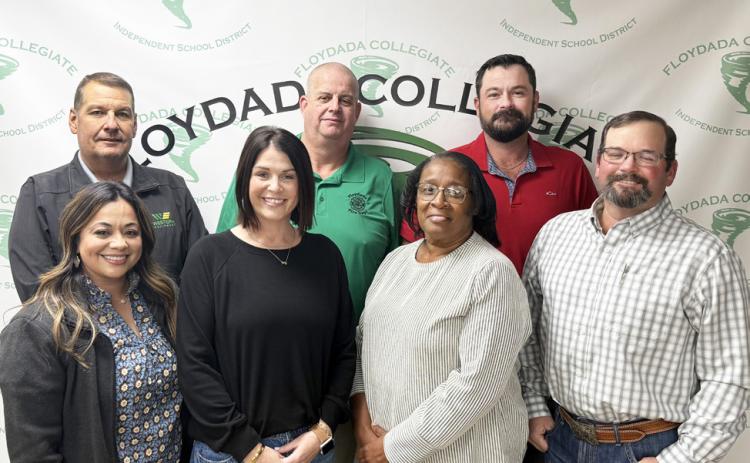 BOARD MEMBERS OF THE MONTH were recently honored by Floydada CISD. Back row, from left, are Roger Hughes, District 1; Randall Sims, District 5; Randy Moore, At-large seat. Front row, from left, are Gracie Diaz, District 3; Brianne Glasscock, District 2; Beverly Collinsm District 4; and Eric Smithm At-large seat. | FLOYDADA CISD PHOTO