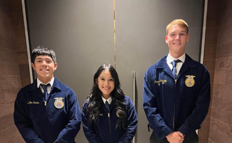 Floydada FFA Radio Broadcasting team members are, from left, Noe De Los Santos, Carisa Fernandez and Reese Hinsley. | FCISD PHOTO