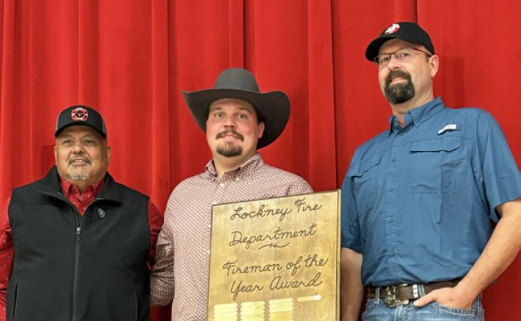 FIREMEN OF THE YEAR At the Lockney Chamber’s 2026 annual banquet Feb. 7, George Basaldua (left) presented the Firemen of the Year award to Austen Rexrode and Justin Graves. | COURTESY PHOTO