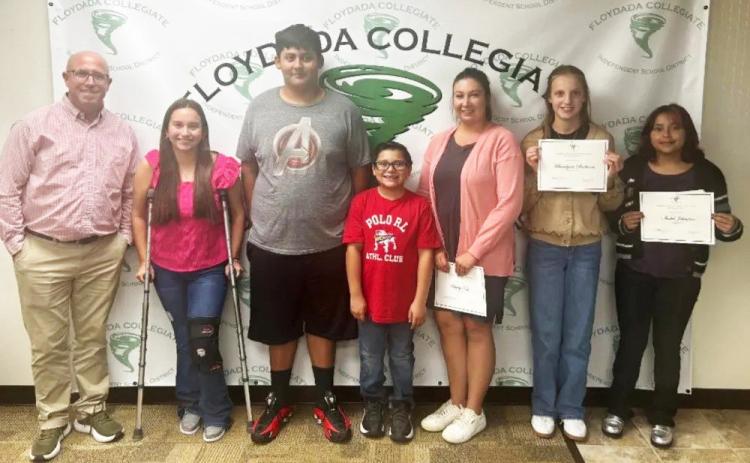 HONORED BY SCHOOL BOARD from Duncan Collegiate Elementary were fifth graders Sophia Picaso and Rogelio Medrano. The Duncan Elementary Support Staff of the Month as Bailey Nutt. Floydada Collegiate Junior High Students of the Month recognized were Sebastian Salazar and Braelynn Sinkhorn, and Floydada Collegiate High School students recognized were Katie Landon and Isabel Johnston. Secondary Educator of the Month was Matthew Strickland. | FLOYDADA CISD PHOTO