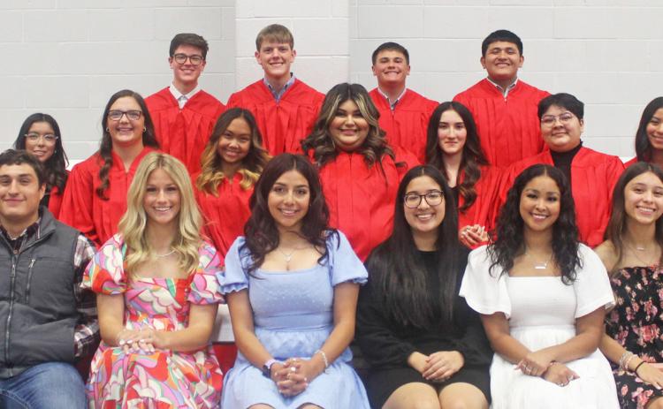 LHS NATIONAL HONOR SOCIETY current members and new inductees are, front row, from left, Gage Graves, Jisiah Lara, Brailey Kidd, Anyaleigh Tambunga, Elayne Moraes, Adaliyah Jones, Nadia Perez, Colby Guerrero; middle row, from left, Sophie Gutierrez, Yareli Naranjo, Brinley Lefevre, Bryanna Acedillo, Miannette Rubio, Kilah Pedroza, Emily Gonzalez, Victoria Salazar, Krista Azua; and back row, from left, Bryson Klein, Tucker Southard, Haygen Lefevre, Rudy Jimenez. | LISD PHOTO